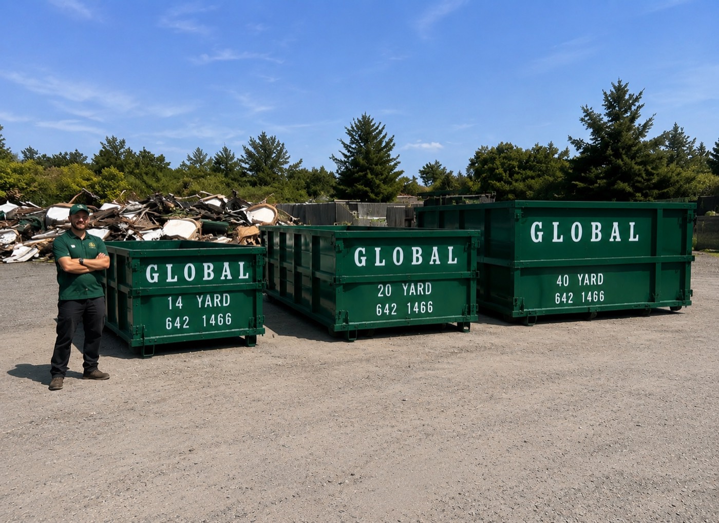 Global Waste Removal 14 yard, 20 yard, and 40 yard dumpsters with team member