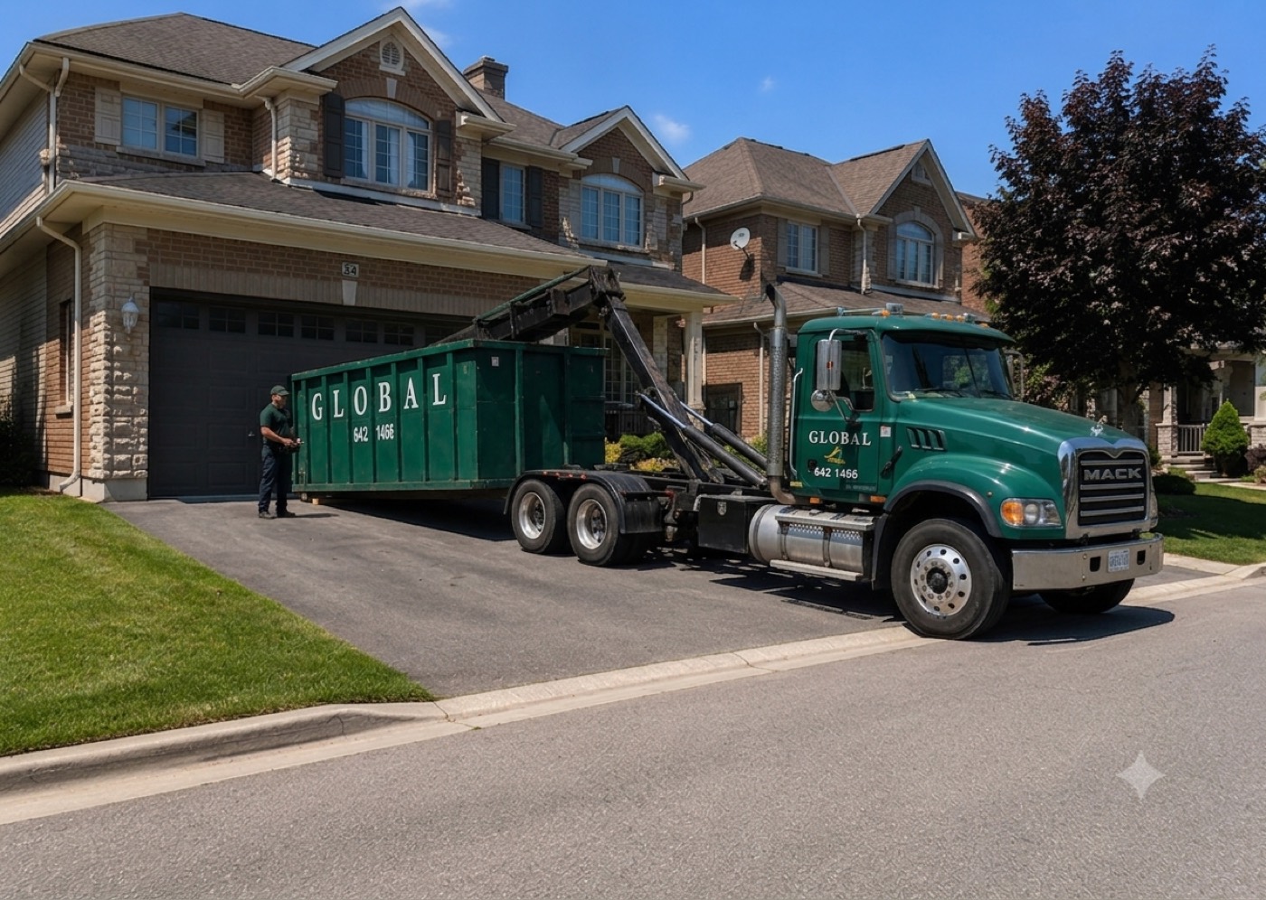 Global Waste Removal dumpster placed carefully on a residential driveway