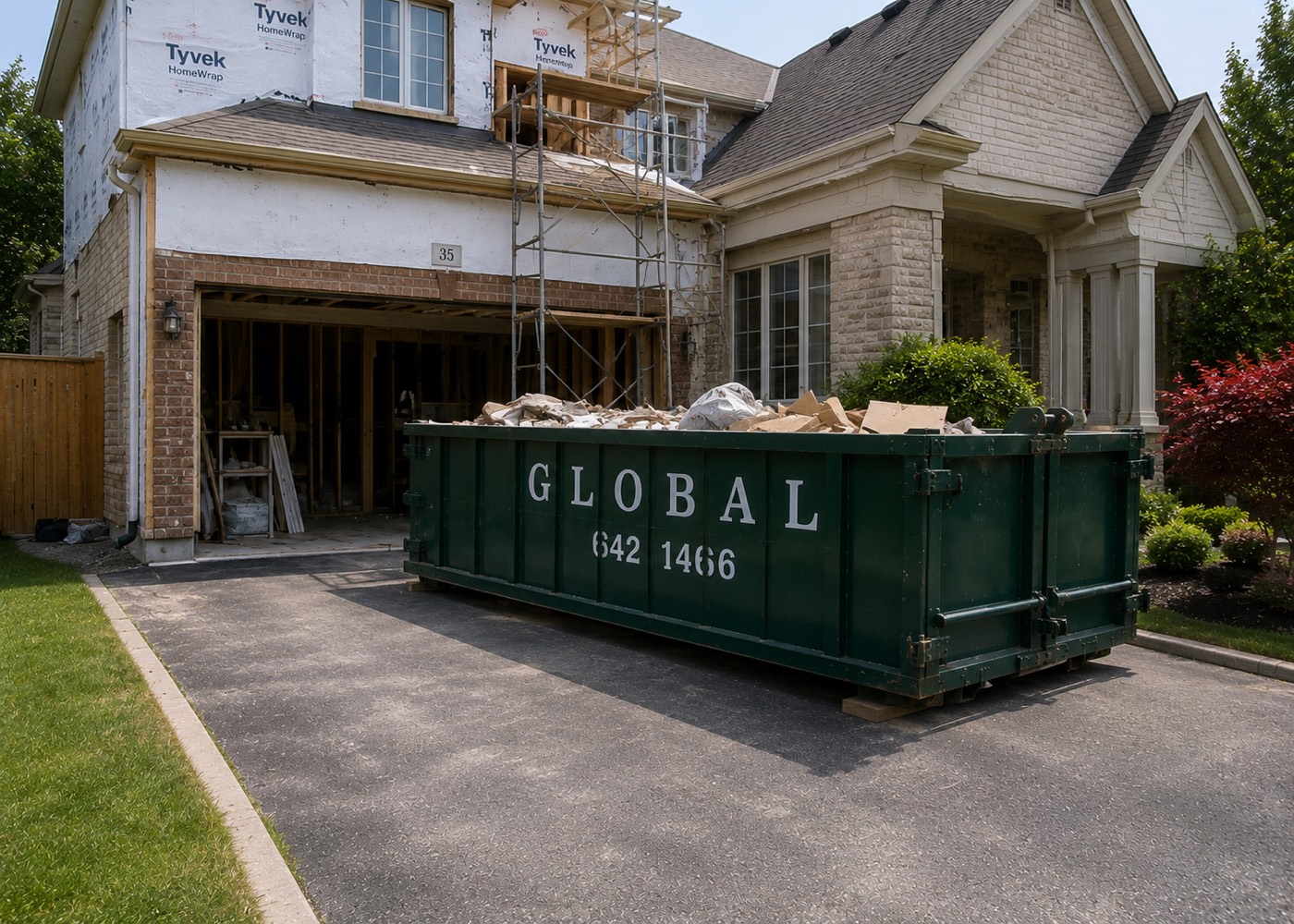 Global Waste Removal dumpster at a home renovation project